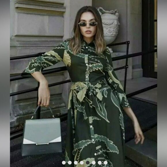 Zara Bold Green Print Maxi Button Up Belt Dress Leaf Print Size S– 100% Cotton - Picture 14 of 14